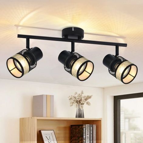 GBLY Deckenstrahler 3 Flammig Schwarz Deckenleuchte - Deckenlampe Metall Gold Vintage E27 LED Deckenspot 330°Drehbar Stoffschirm für Wohnzimmer Schlafzimmer Küche Flur Treppe Esszimmer Max.25W