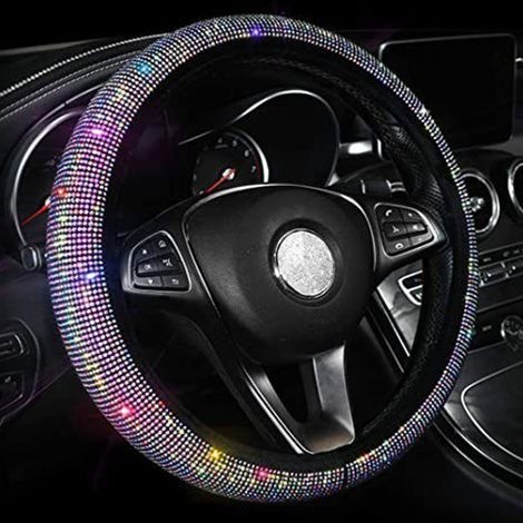 Housse de Volant de Voiture, Protecteur de Volant en Diamant, Confortable, 15 Pouces, Mode Scintillante pour la Plupart des Automobiles (AB Strass).