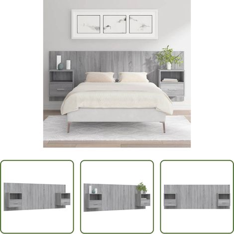 vidaXL Cabecero de cama con mesitas madera contrachapada gris Sonoma (1/5)