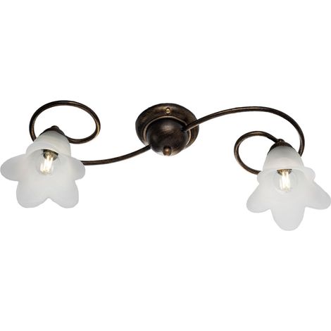 Plafoniera in ferro Marrone Oro due luci paralumi in vetro Bianco 56x26x h17 cm (1/5)