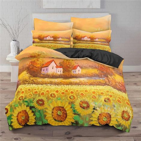 Bettwäsche Set 200x200cm mit 2 Kissenbezügen 80x80cm, Sonnenblumen Motiv, Mikrofaser