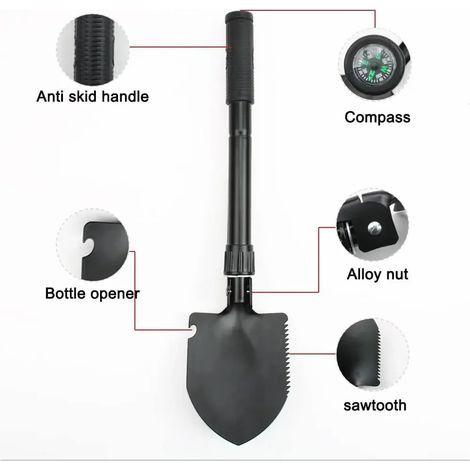 Pelle d'ingénieur pliable et portable pour camion, utilisable en camping, avec tente, outil de survie et d'autodéfense, et sac de rangement pour boussole.