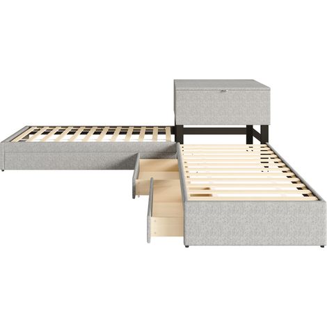 Letto angolare con letto estraibile 90x200 cm in lino grigio con contenitori HOMVRA (1/5)