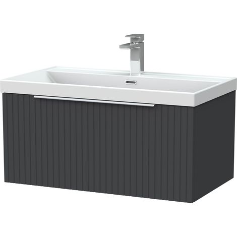 Callingwood Contemporary Wall Hung 1 Drawer Vanity Unit with Thin-Edge Ceramic Basin , 800mm, Dark Grey