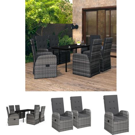 Gartenstühle - vidaXL 7-tlg. Garten-Essgruppe mit Auflagen Grau - Gartenstuhl (1/5)