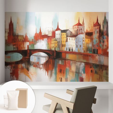 Papier peint intissé mural classique avec imprimé motifs décoratifs design élégant non‑tissé Paysage urbain 104x70 cm (1/5)