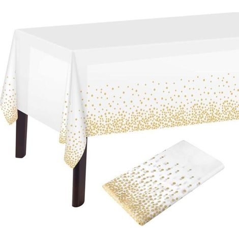 Nappe rectangulaire blanche et dorée 137 x 274 cm – Plastique PEVA imperméable – Pour fêtes et anniversaires à thème blanc et or (1/5)