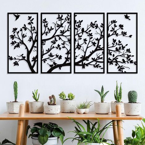 Art mural en métal, arbre de vie, 4 panneaux, vie des arbres, art mural en métal, pour cadeau, jardin, maison, chambre à coucher, salon (60 x 30 cm) (1/5)