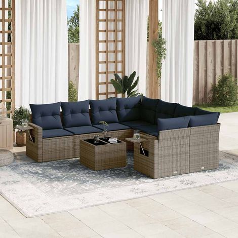 9-teiliges Gartensofa-Set mit Kissen, grau, Polyrattan (1/5)