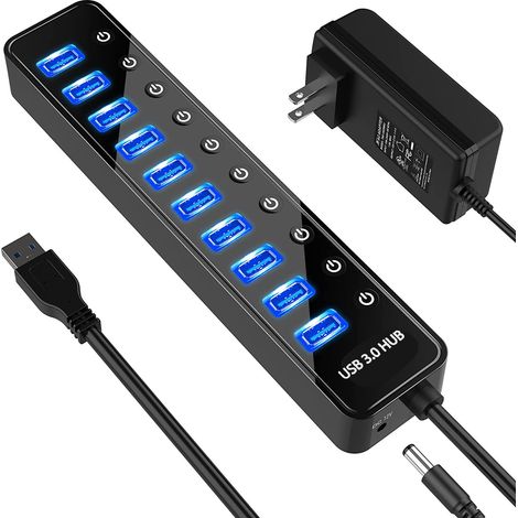 Hub USB 3.0 alimentato - Splitter dati USB a 10 porte con 1 porta di ricarica intelligente e interruttori di accensione/spegnimento separati - Adattatore di alimentazione 5V/4A, estensione USB (1/4)