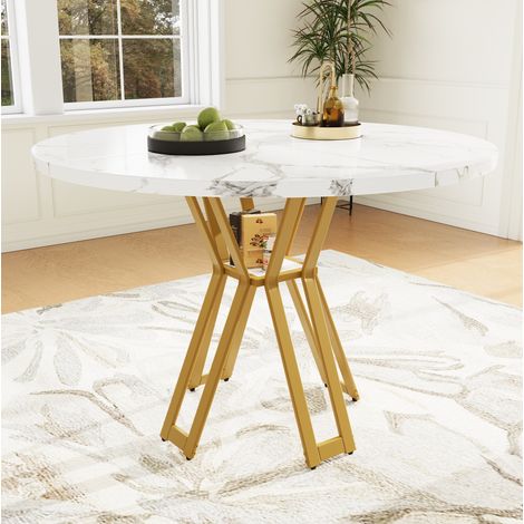 Mesa de comedor redonda 100/100/76 cm blanca y dorada con tablero efecto mármol (1/5)