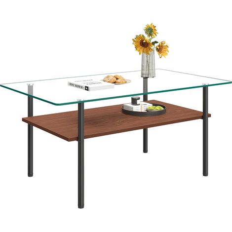 Table basse moderne avec plateau en verre et étagère en MDF, table de salon à deux niveaux avec structure en métal, console rectangulaire avec espace de rangement, aspect bois/noir - H 45/L 98/P 58 cm (1/4)