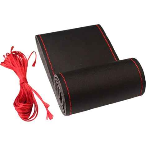 Housse de volant en cuir 38 cm (15 pouces) - Kit universel de gaufrage à faire soi-même avec aiguilles et fil - Décoration intérieure de voiture (noir et rouge) (1/5)