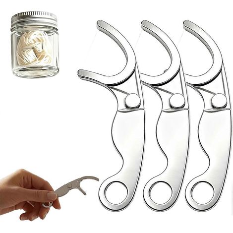 Cure-dents réutilisable en acier inoxydable, porte-fil dentaire portable en métal avec anneau porte-clés. (1/5)