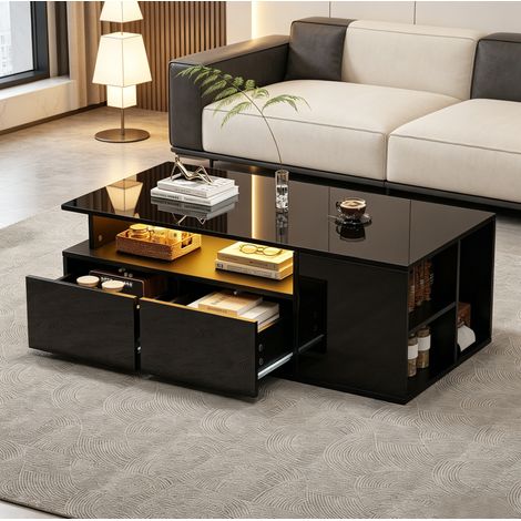 Table basse LED 100 x 50 x 35 cm avec 2 tiroirs, rangement multicases, noire HAVRYA (1/5)