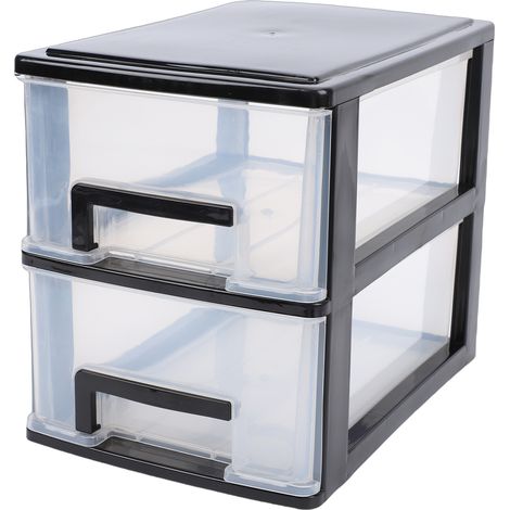 Organiseur de bureau à 2 tiroirs, boîte de rangement transparente empilable en plastique pour fournitures de bureau, idéale pour la maison, le dortoir ou le bureau. Cadre noir, taille moyenne, 2 nivea (1/5)