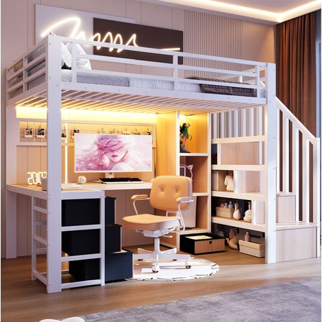 OKWISH Kinderhochbett 90x200 cm aus Metall und MDF mit Schreibtisch, 4 Schubladen und LED, Weiß (1/5)