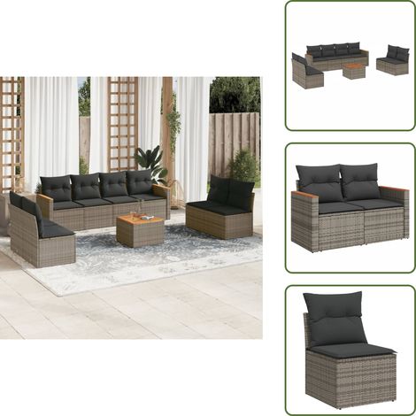 9-tlg. Garten-Sofagarnitur mit Kissen Grau Poly Rattan - Gartensorte - Outdoor-Möbel - Gartenlounge - Lounge Set - Rattanmöbel (1/5)