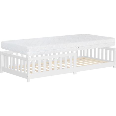 ML-Design Kinderbett 90x200 cm Weiß mit Matratze H:16cm, Bodenbett für Kinder mit Lattenrost und Rausfallschutz, Jugendbett aus massivem Kiefernholz, Bettgestell für Jungen/Mädchen, Holzbett Babybett (1/5)