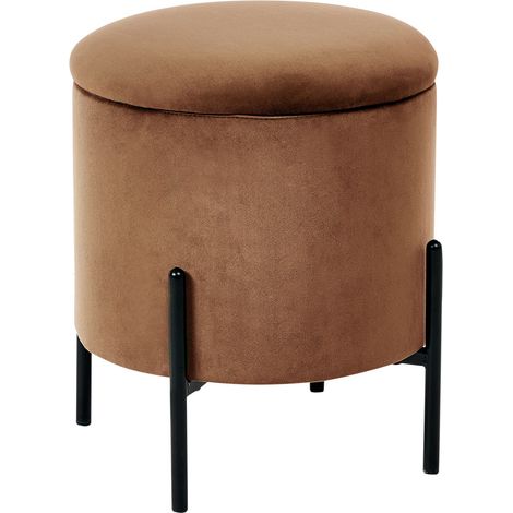 Pouf de Rangement en Velours Rembourré Base en Bois Rond Marron Foncé Wenona (1/5)