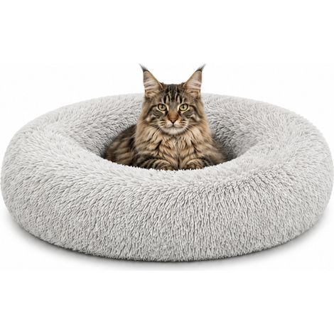 lionto Donut Katzenkissen, rundes Bett mit Plüschbezug & Anti-Rutsch-Boden, erhöhter Rand für Geborgenheit, 60 cm Durchmesser, hellgrau
