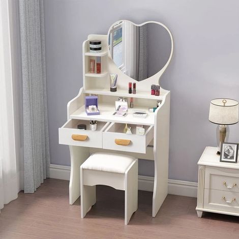 TrAdE Shop Traesio - Postazione Trucco Tavolo Make Up Specchiera Toeletta Con Specchio A Cuore Sgabello Bianco - (1/5)
