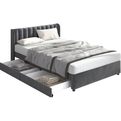 Letto Matrimoniale 180x200 cm in Velluto con 2 Cassetti e Testiera Alta, senza Materasso, Grigio (1/5)