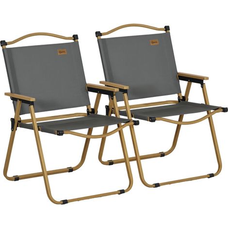 Chaises de camping, lot de 2 chaises de plage pliables, en acier imitation bois, gris foncé