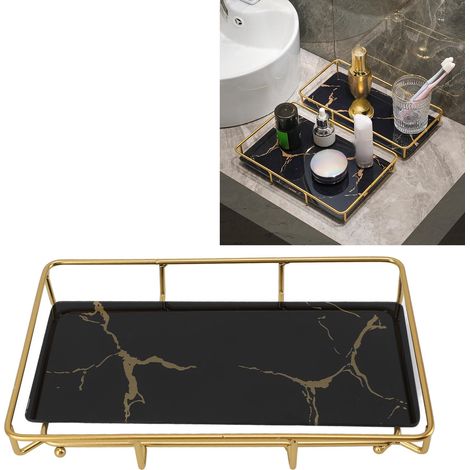 Étagère de rangement pour cosmétiques de salle de bain, plateau carré, noir à motifs dorés, grande taille (1/5)