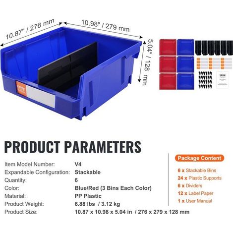 Bac à bec en plastique empilable - Lot de 6 - 276 x 279 x 128 mm - PP - Bleu/rouge - Séparateurs inclus (1/5)
