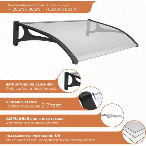 SmartSun Marquesina Exterior Robusta 150x80cm – Policarbonato Macizo 2,7mm - Soportes Aluminio – Tejadillo Puerta Protección