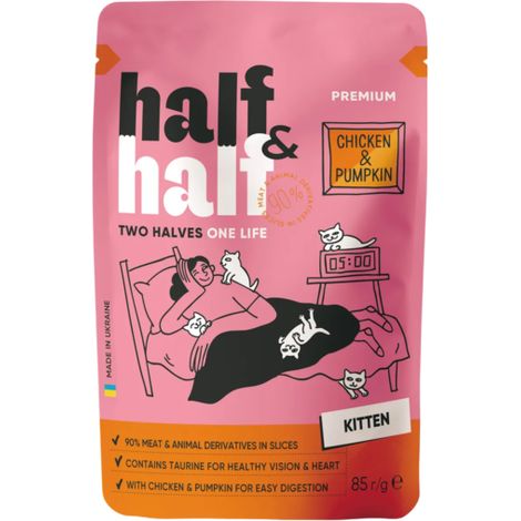 Alimento húmedo Half&Half para gatitos Junior, sabor pollo y calabaza en salsa, 85 g. (1/2)