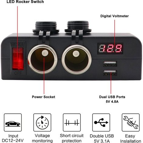 Set aus 2 flächenbündig eingebauten 12/24-V-USB-Doppelladegeräten mit Voltmeter – Integrierte Zigarettenanzünderbuchse – Anzeige der Batteriespannung (1/5)