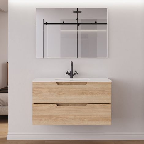 Meuble de salle de bain 90cm simple vasque - 2 tiroirs - roble era (chêne clair) - SONRIZA (1/5)
