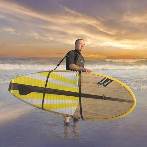 Surfboard carrying belt, paddleboard shoulder strap, plastic buckle, water bottle bag, paddle loop accessories.