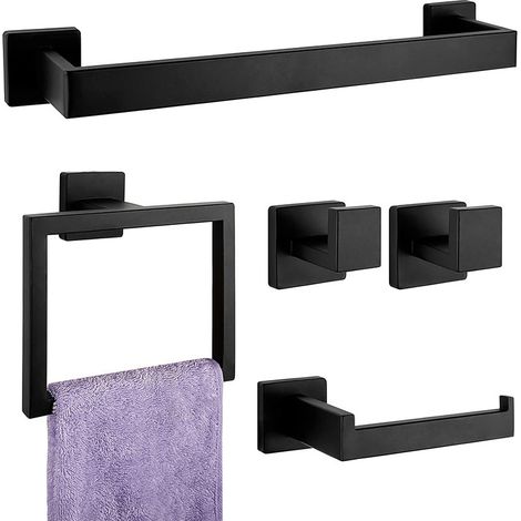Set of five bathroom accessories, wall-mounted towel rack in matte black stainless steel. (1/5)