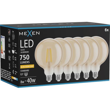 Mexen Vintis 6x Ampoule filament LED E27, G125, 8W, Chaude - 2200K, 750 lm, ambre - L158-E27-0822-50x06 (1/5)