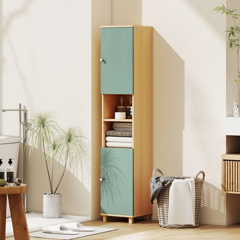 Meuble salle bain rangement 2 placards 2 compartiments ouverts 30x30x166 vert (1/5)