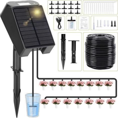 Système d'irrigation solaire automatique pour balcon - Kit d'irrigation goutte à goutte à monter soi-même avec tuyau de 15 m et 15 embouts goutte à goutte, pour l'arrosage des plantes en potager surél (1/5)