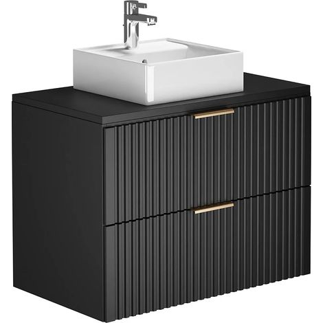 Vente-Unique – Meuble sous vasque suspendu noir 80 cm – Vasque carrée en céramique – 2 tiroirs soft close – Finition rainurée MDF (1/5)