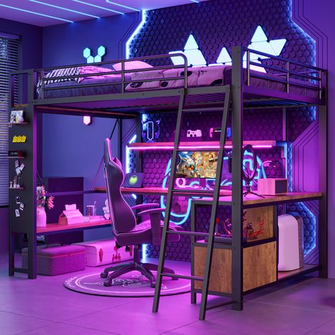 Lit Superposé avec Bureau, Étagères et Lumière LED - Structure Métal et MDF - 140x200 cm - Noir (1/5)