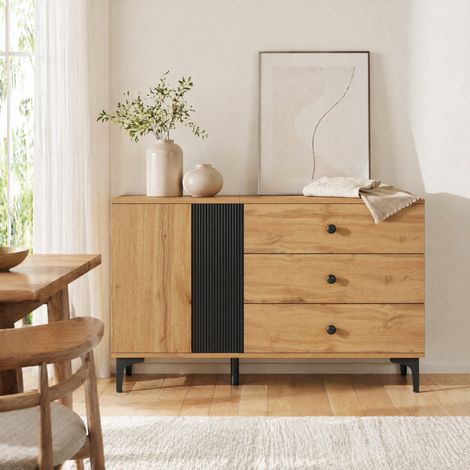 Aparador moderno 120 x 35 x 76 cm de aglomerado negro y natural con 1 puerta y 3 cajones (1/5)