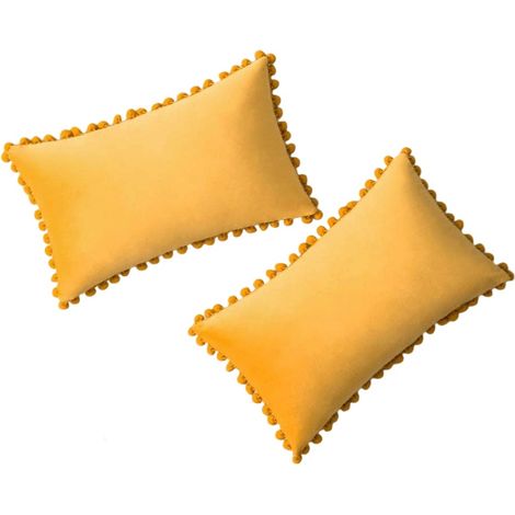 Lot de 2 housses de coussin décoratives en velours à pompons, couleur unie, douces et carrées, 45 x 45 cm, vert foncé, pour canapé, chambre ou voiture. (1/5)