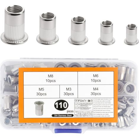 110 Pièces Insert Fileté Metal, Ecrou a Sertir, M3 M4 M5 M6 M8 Écrous à Sertir Rivet Fileté, Écrou de Rivet a Tête Plate en Acier Inoxydable, Manchons Écrous d'Insertion Filetés (1/5)