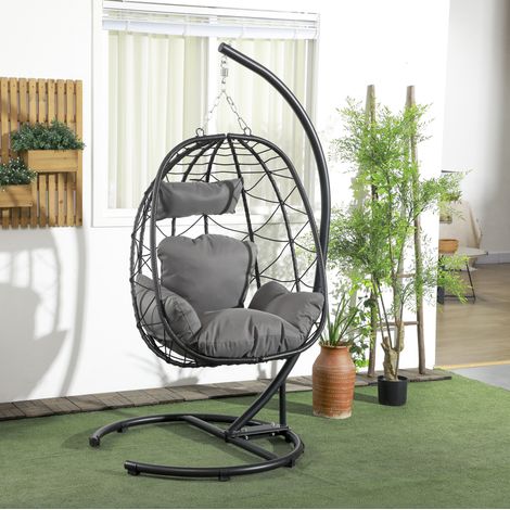 Poltrona sospesa in rattan, pieghevole, con cuscini e fodera impermeabile, struttura in acciaio nero (1/5)