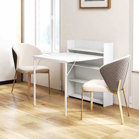 Table à manger pliante, table de cuisine pour 3 personnes, plateau à abattant et 4 étagères, 78,5x91x93cm, blanc (1/5)