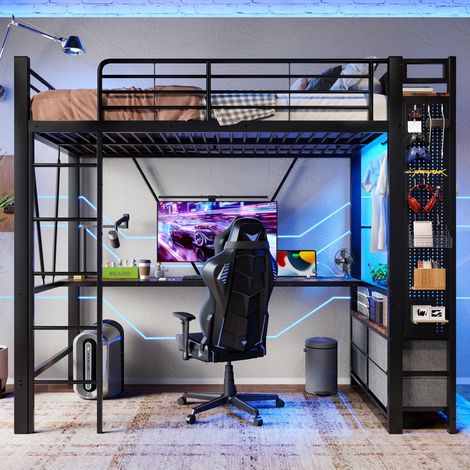 Lit Mezzanine 90x200 cm avec Bureau, Étagères, 4 Tiroirs, Structure en Métal avec Barres de Séchage, Éclairage LED Multicolore -  Noir (1/5)
