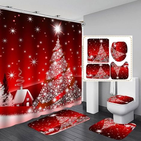 Juego de 4 cortinas de ducha navideñas con alfombrilla de baño, alfombra y tapete para inodoro, cortina de ducha navideña roja impermeable con 12 ganchos para decoración de hotel o hogar. (1/5)