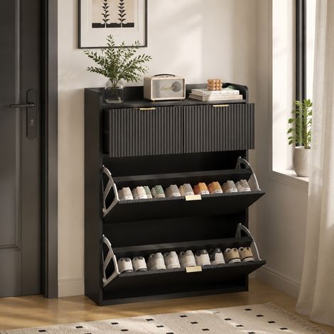 Meuble à chaussures 80×24×110cm,2 tiroirs et 2 placards rabattables,meuble à chaussures d'entrée,étagères réglables,armoire à chaussures étroite pliable,anti-basculement,poignées en métal,MDF,Noir (1/5)