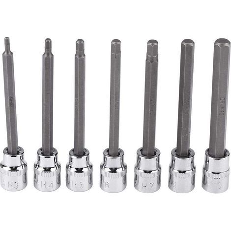 Douilles Hexagonales Longues, Kit de 7 Pièces, Acier Chrome-Vanadium, Tige Extra-Longue 110mm, 3mm à 10mm (1/5)